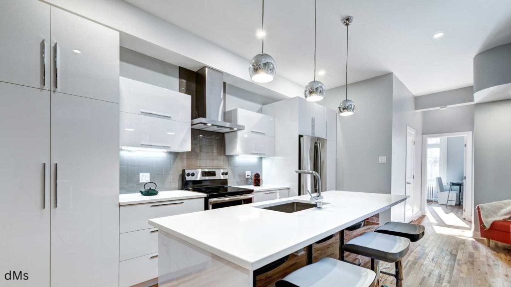 Modern white kitchen renovation with pendant lights