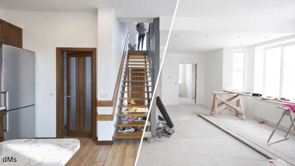 Before-after home renovation split view